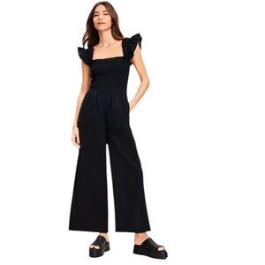 Loft Beach Smocked Ruffle Strap Jumpsuit Black size Medium